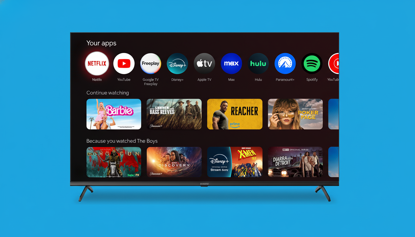 A television displaying a smart TV interface with various streaming apps and content, set against a solid blue background.