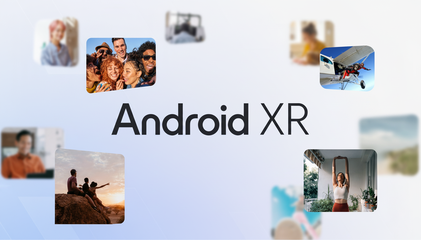 The Android XR logo is centered on a light purple background, surrounded by several blurred and focused images in rounded squares. The focused images include a group of diverse friends taking a selfie, a person skydiving from a plane, a group of people watching a sunset, and a woman stretching indoors.