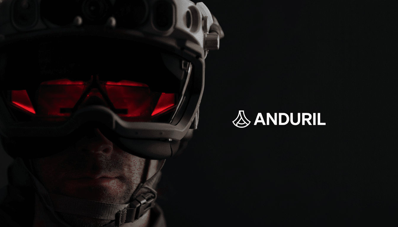 A close-up of a person wearing a futuristic white helmet with glowing red goggles, with the Anduril logo on a dark background.