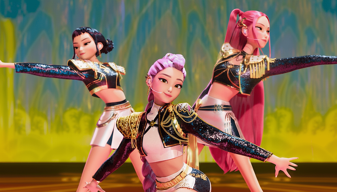Three animated female characters in elaborate , sparkling outfits are posing on a stage with their arms outstretched. The character in the foreground has purple hair, and the characters in the background have black and pink hair respectively .