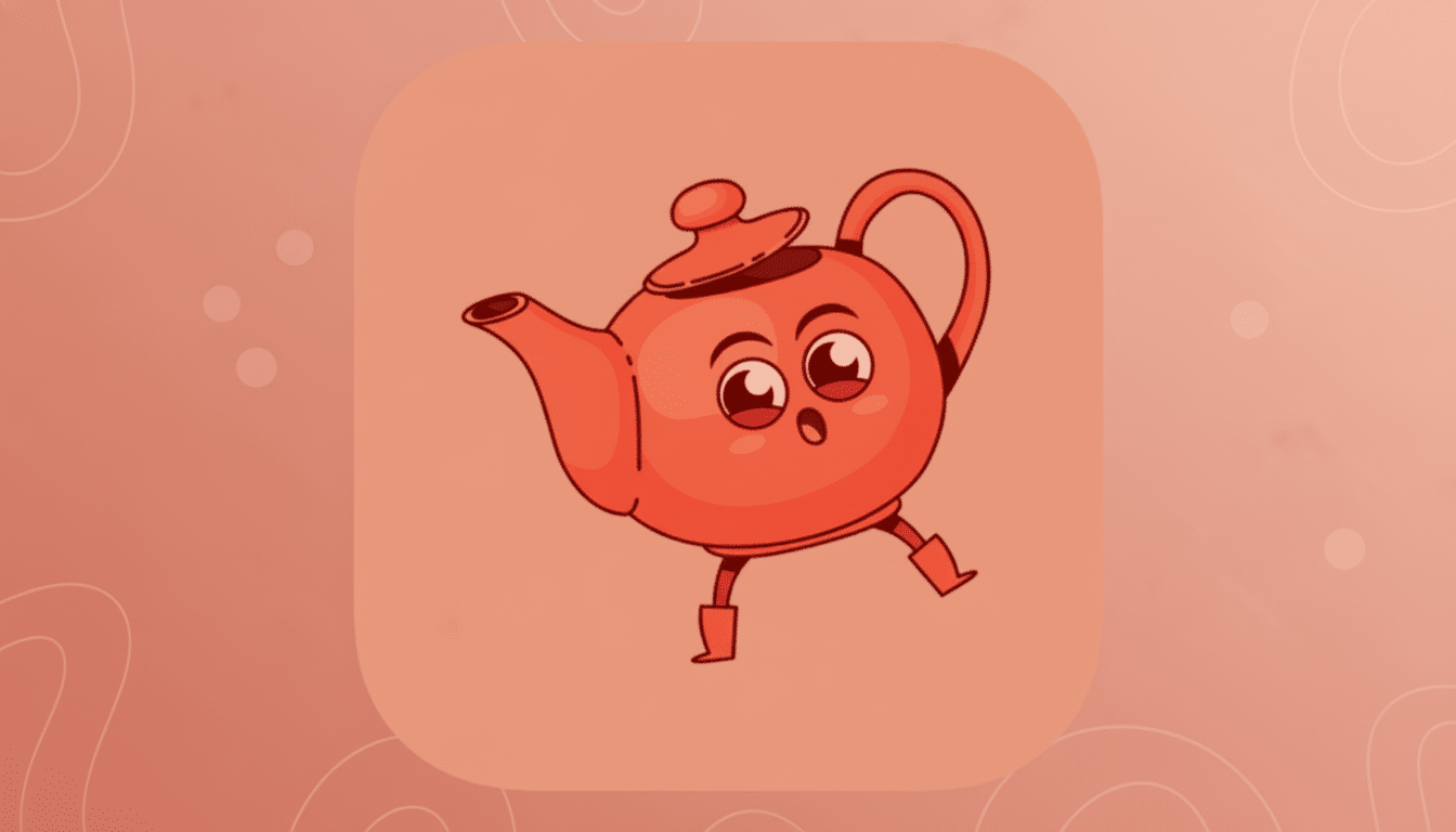 An animated red teapot with big eyes and small legs , set against a professional 16: 9 aspect ratio background with soft coral gradient and subtle, abstract patterns.