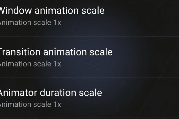Screenshot of developer options on a dark mode phone, showing Window animation scale, Transition animation scale , and Animator duration scale set to Animation scale 1x on a professional flat design background with soft patterns.