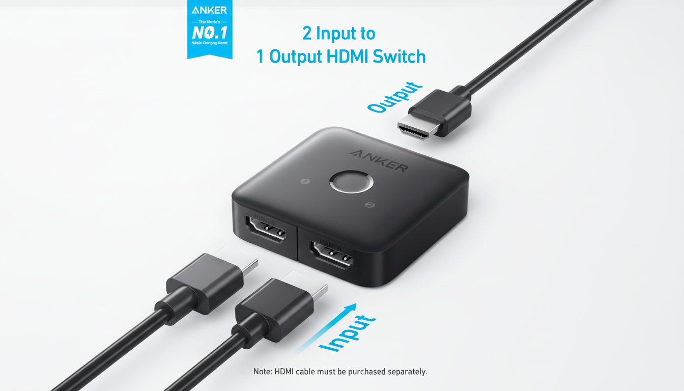 Anker 2 Input to 1 Output HDMI Switch with two input cables and one output cable, set against a clean, professional background.