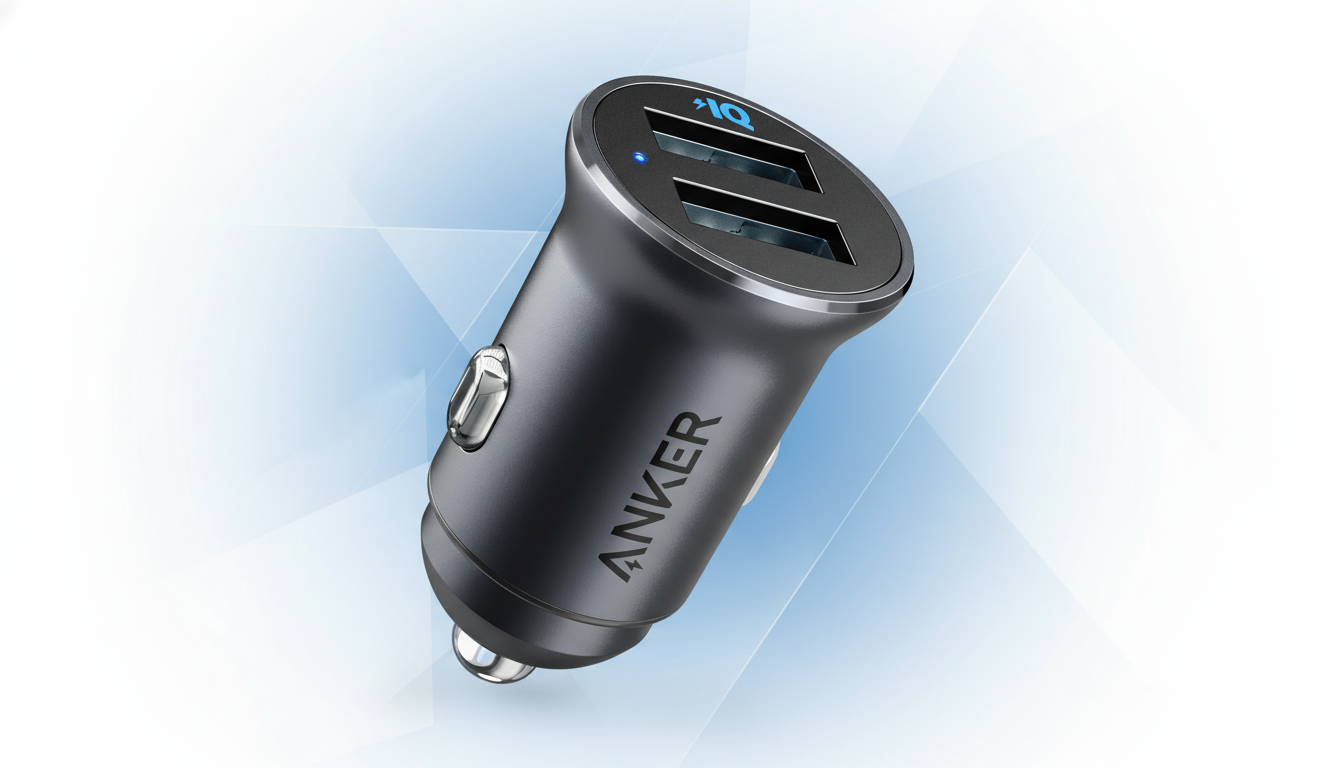 A dark gray Anker car charger with two USB ports and a blue LED light, presented on a professional flat design background with soft blue and white geometric patterns.