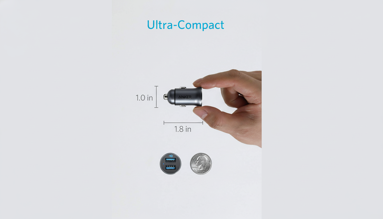 A hand holding an Anker car charger, with dimensions of 1.0 inch and 1.8 inches indicated. Below, a close-up of the chargers ports and a US quarter are shown for scale. The background is a clean, light gray.