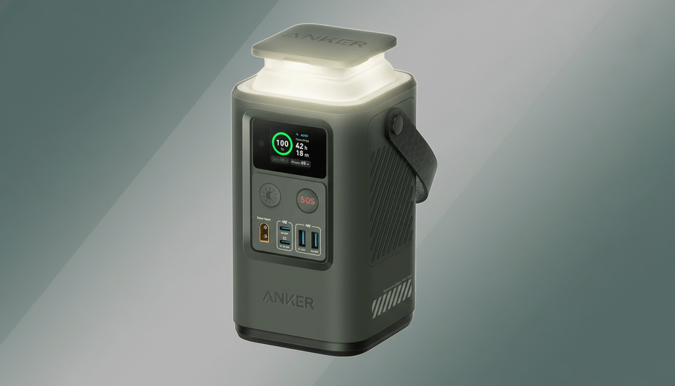 An Anker portable power station with a glowing top light and a digital display showing 100% battery, 42h 18m remaining, and Output 93w. The device is dark gray with various ports and buttons, including an SOS button, and a black carrying handle. It is presented on a professional flat design background with soft gray and green gradients.
