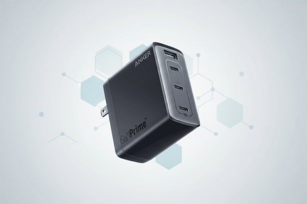 An ker GaNPrime USB charger in a professional 16:9 aspect ratio with a subtle patterned background .