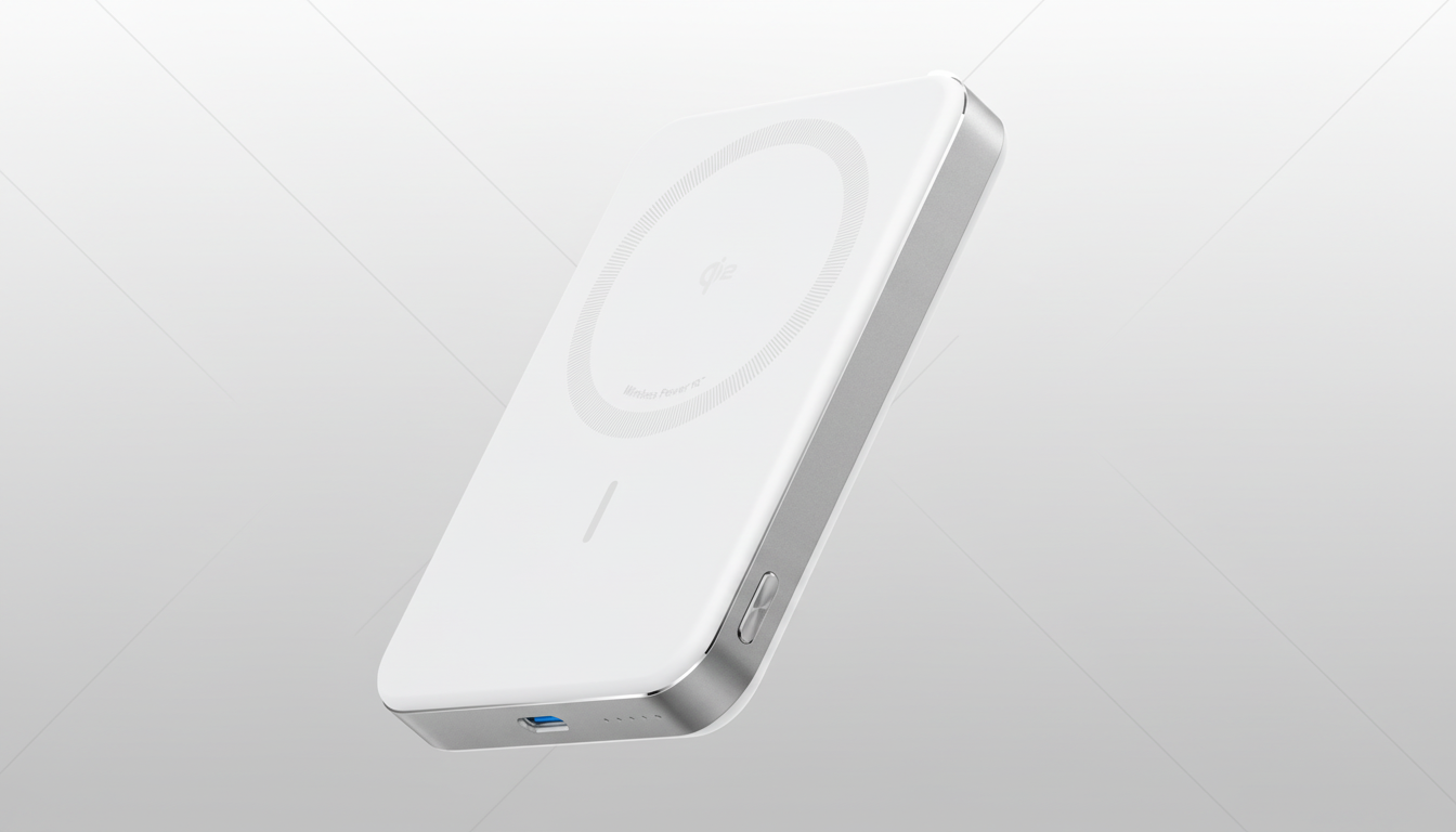 A white wireless power bank with silver sides, featuring a circular charging indicator and Wireless Power text, set against a professional light gray background with subtle geometric patterns.