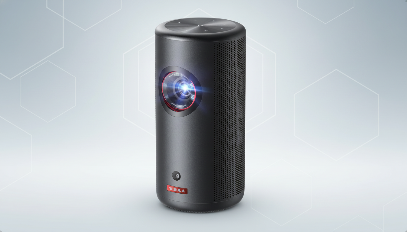 A black cylindrical Nebula projector with a glowing lens, set against a professional light gray background with subtle hexagonal patterns.