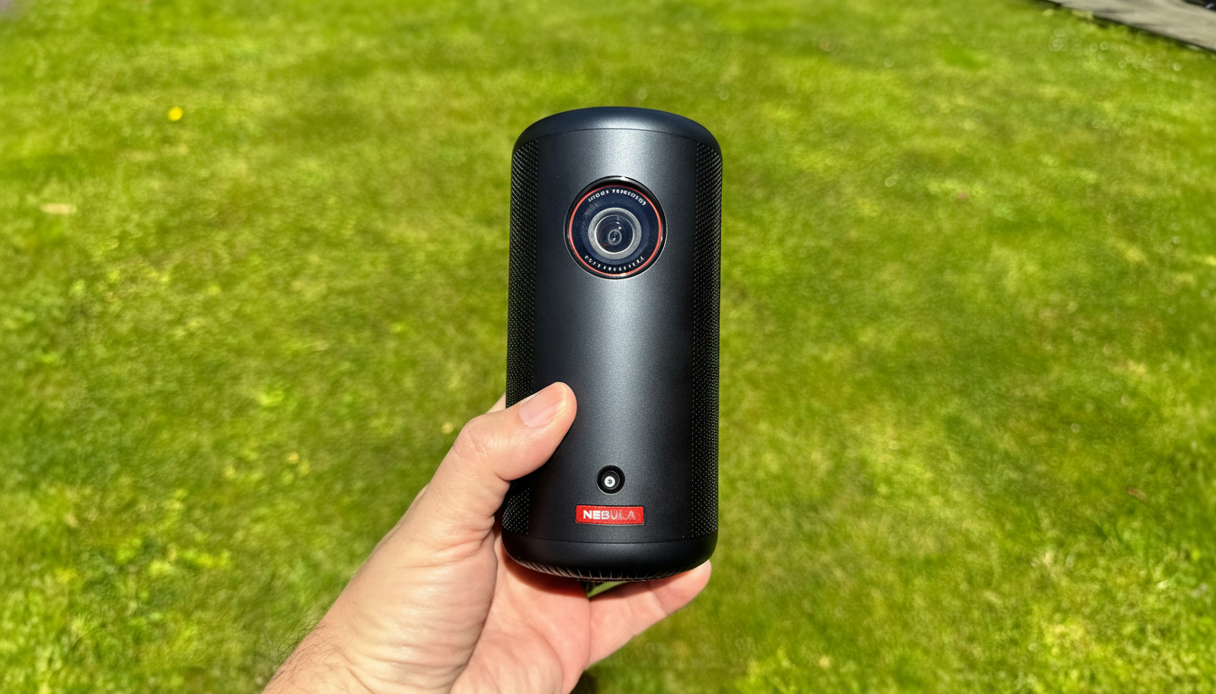 A hand holding a black Nebula projector against a green grass background, resized to a 16:9 aspect ratio.