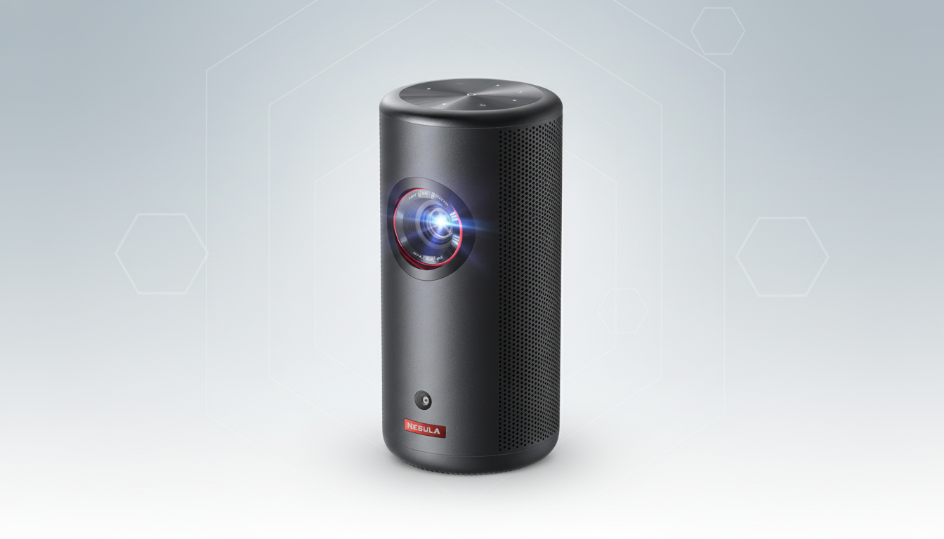 A black cylindrical Nebula projector with a glowing lens, set against a professional light gray background with subtle hexagonal patterns.