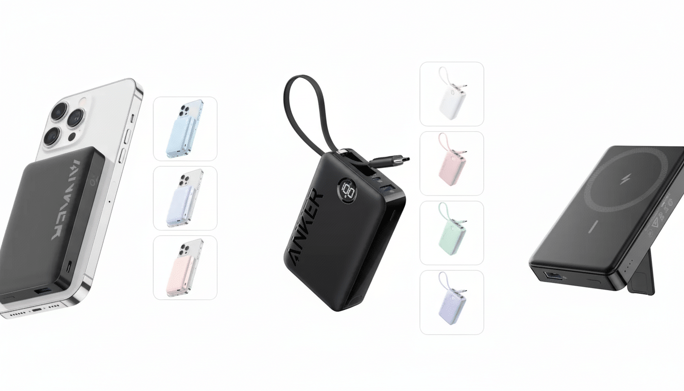 Anker power banks and wireless chargers displayed on a white background with a 16:9 aspect ratio.
