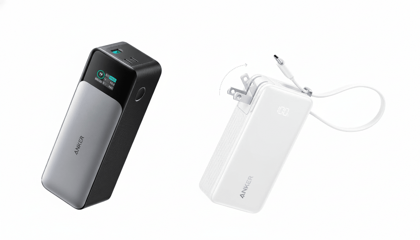 A professional image of two Anker portable power banks, one dark gray and black with a digital display, and one white with a foldable plug and integra