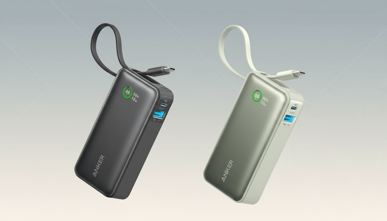 Two An ker power banks, one black and one light green, are shown angled on a soft, gradient background with subtle abstract patterns. The black power