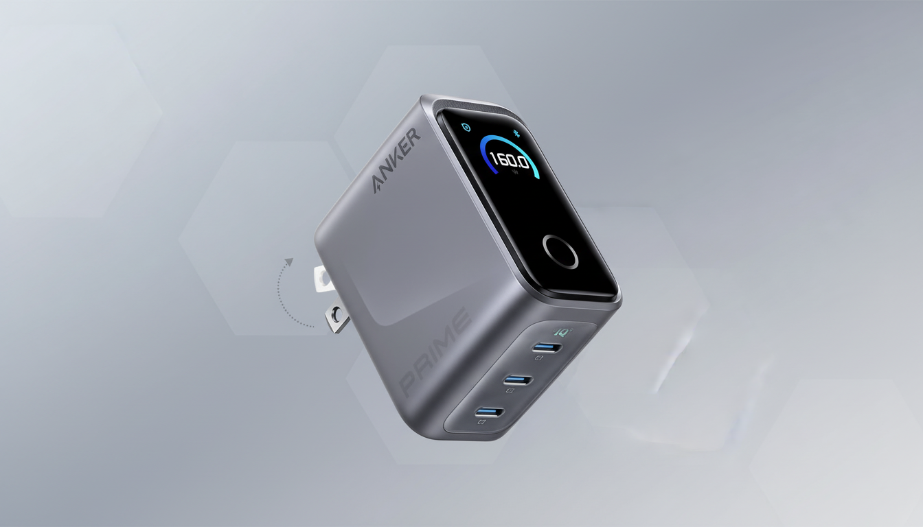 A gray Anker Prime power adapter with a digital display showing 160.0 and three USB-C ports, presented on a professional gray background with subtle hexagonal patterns.