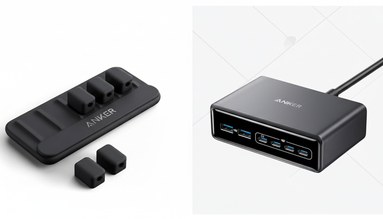 A 16:9 aspect ratio image showing two Anker products: a black cable organizer with three cable clips on the left, and a black USB hub with multiple ports and a connected cable on the right.