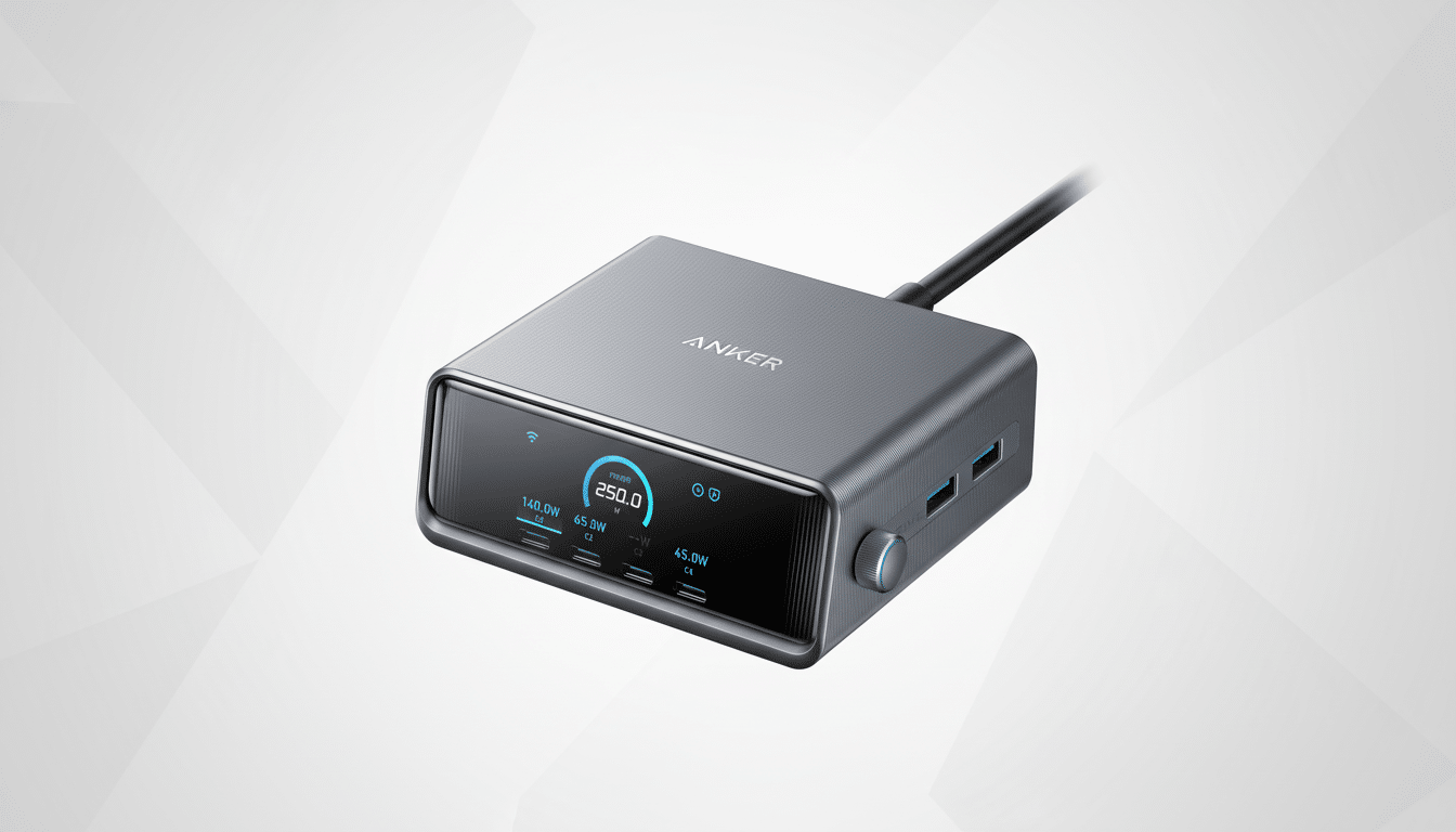 A professional shot of an Anker Prime 25 0W power bank with a digital display showing POWER 250 .0W and various charging ports , set against a soft, gradient background with subtle geometric patterns. Filename : anker prime25 0wpower bank.png