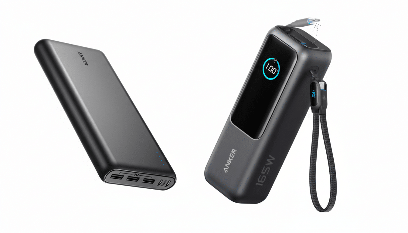 A 16:9 aspect ratio image featuring two Anker power banks. The left one is a slim , rectangular black power bank with multiple USB ports. The right one is a more compact , upright black power bank with a digital display showing 100 % and a strap attached. Both are presented on a clean , professional flat background .