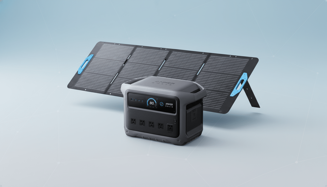 An ker Solix portable power station and solar panel on a light blue background with subtle geometric patterns .