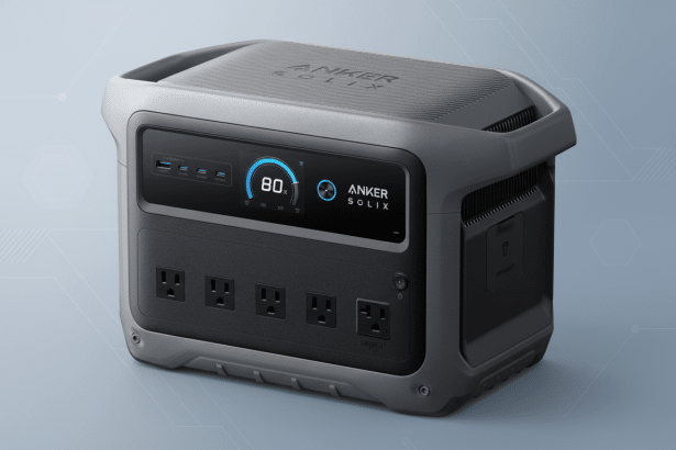 Anker Solix portable power station on a professional flat design background with a soft gradient.
