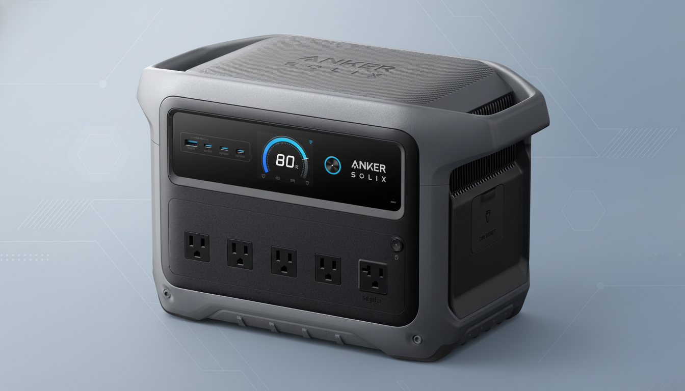Anker Solix portable power station on a professional flat design background with a soft gradient.