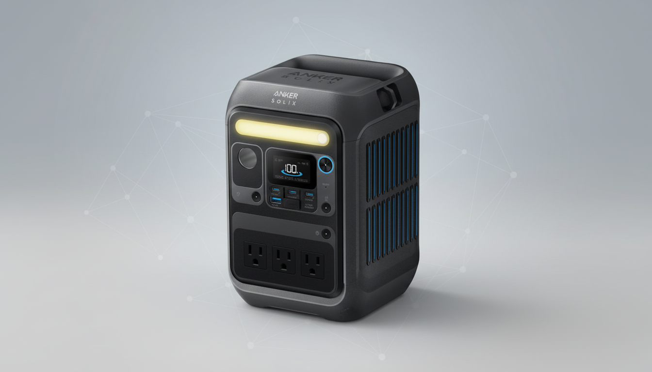 A professional studio shot of the Anker Solix portable power station, presented in a 16:9 aspect ratio with a clean, soft gradient background and subtle geometric patterns.