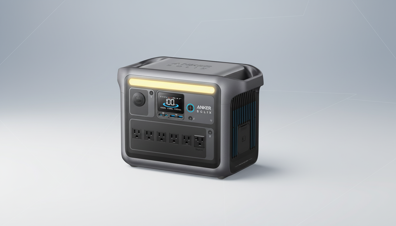 A professional, enhanced image of an Anker Solix portable power station, resized to a 16:9 aspect ratio, set against a clean, light gray background with subtle geometric patterns.