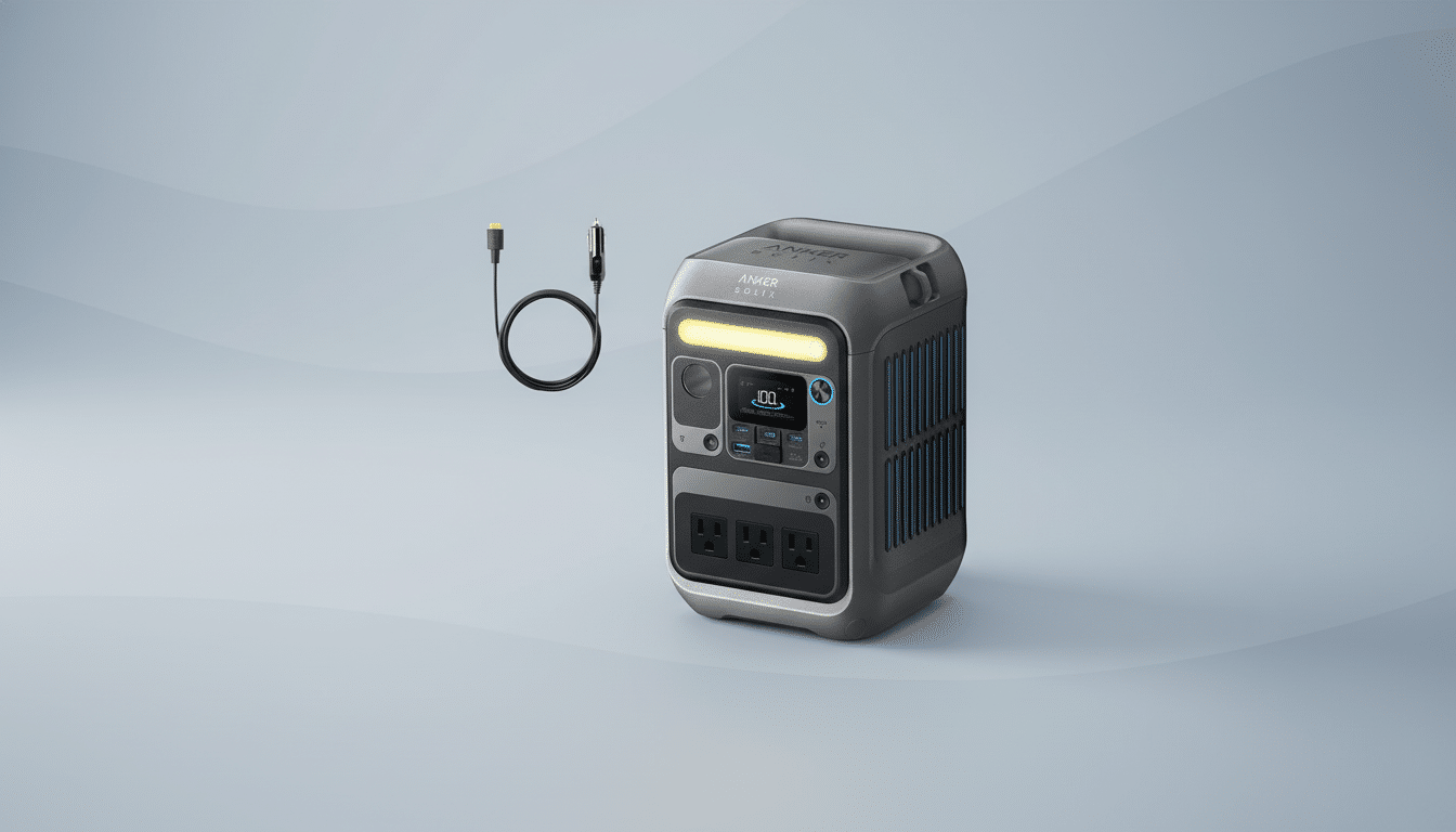A professional studio shot of an An ker Solix portable power station with an accompanying charging cable, presented on a subtle grey gradient background at a 16 :9 aspect ratio .