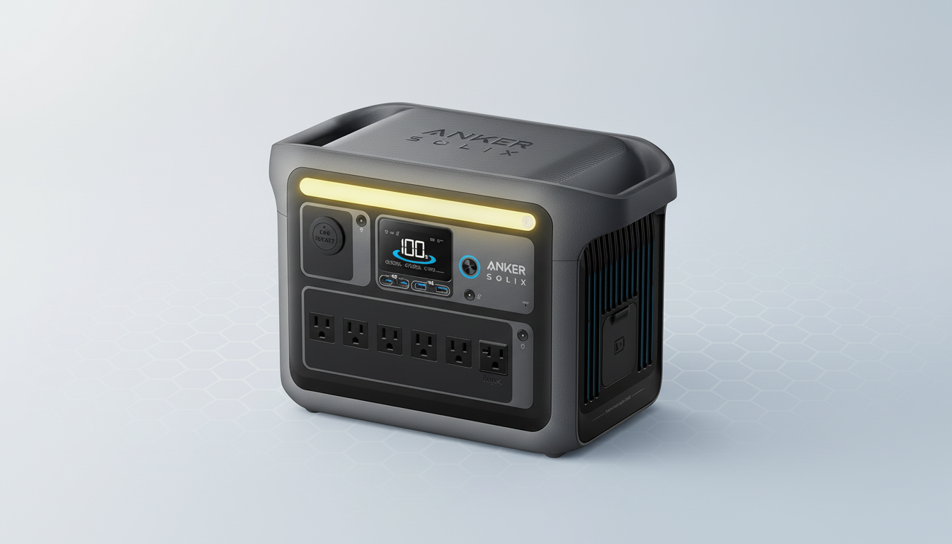 A professional studio shot of an Anker Solix portable power station, presented in a 16:9 aspect ratio with a clean, light gray background featuring a subtle hexagonal pattern.