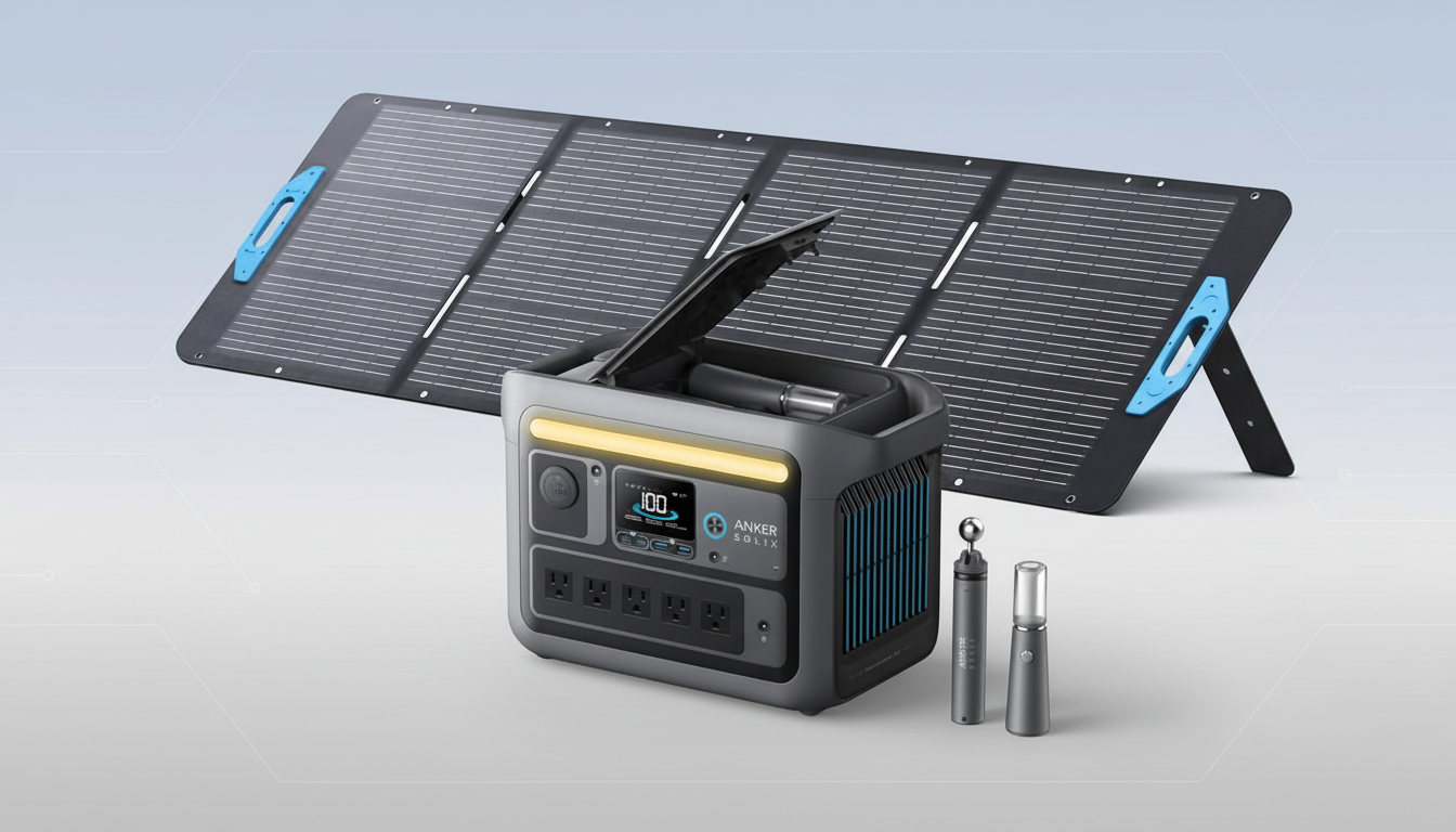 An Anker Solix portable power station with a solar panel and two small accessories, set against a professional flat design background with soft patterns.