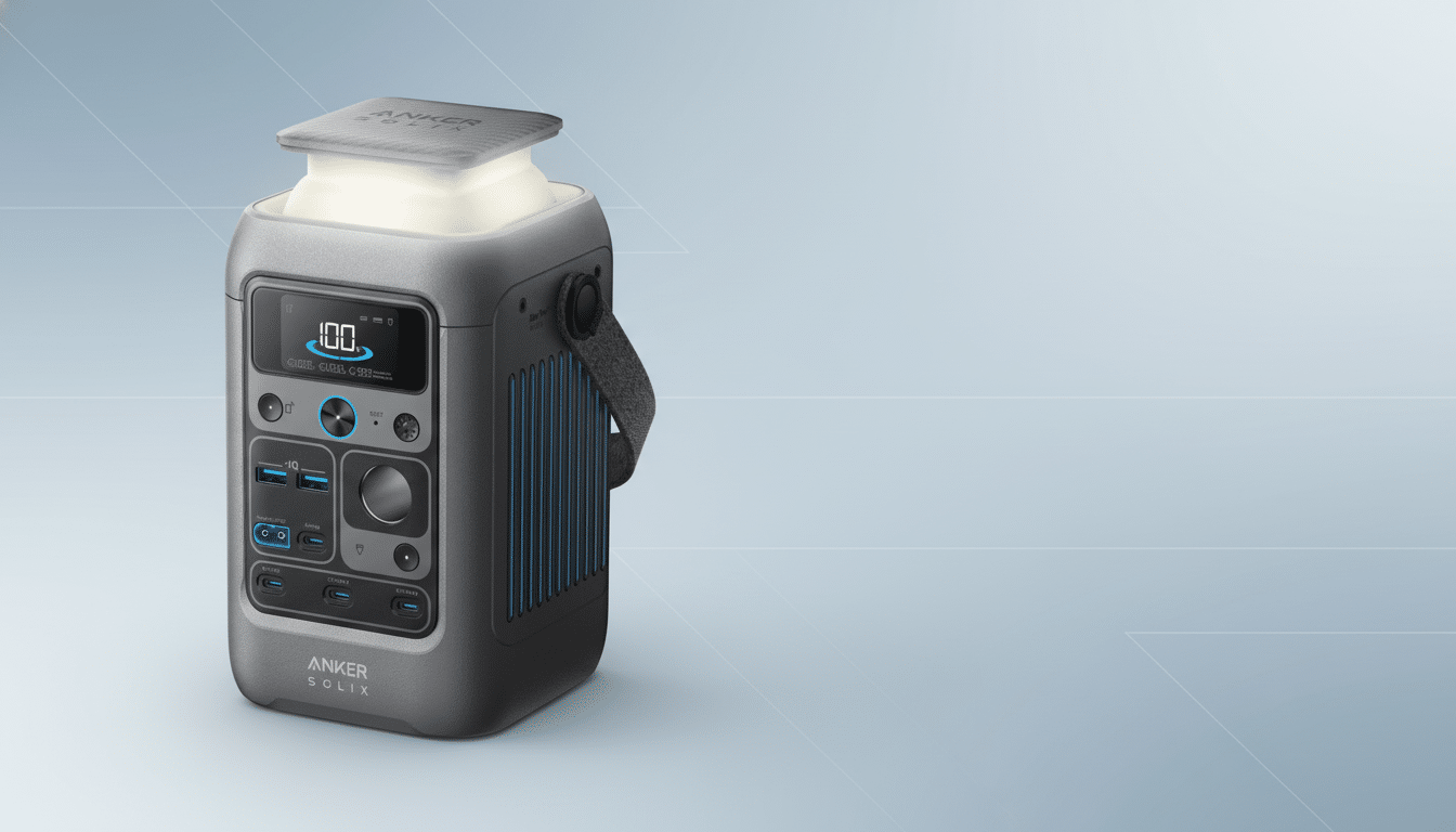 Anker Solix portable power station with an integrated lantern, showcasing its display and multiple ports, on a professional gray gradient background with soft geometric patterns. Filename : anker solixpower station.png