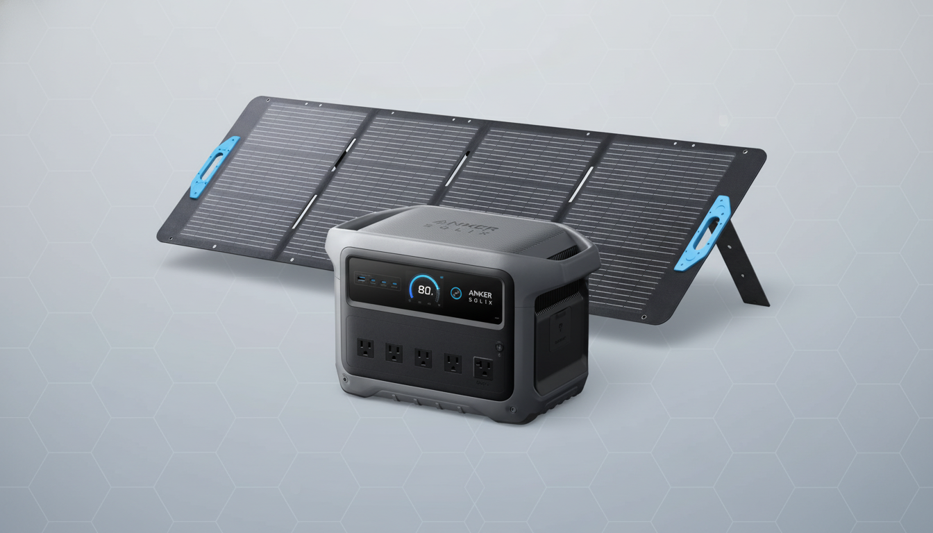 An ker Solix portable power station with a connected solar panel set against a professional light gray background with a subtle geometric pattern. Filename : anker solixpower stationsolar panel.png