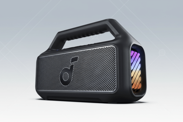 A professional shot of a black An ker Sound core Motion Boom Plus portable speaker with a handle, featuring colorful lights on the side , against a subtle gradient background. Filename : anker soundcoremotion boomplus speaker 169 .png