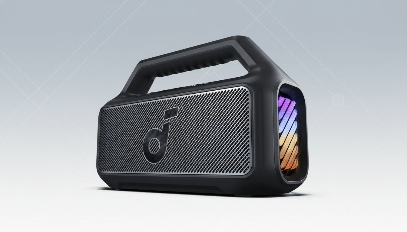 A professional shot of a black An ker Sound core Motion Boom Plus portable speaker with a handle, featuring colorful lights on the side , against a subtle gradient background. Filename : anker soundcoremotion boomplus speaker 169 .png