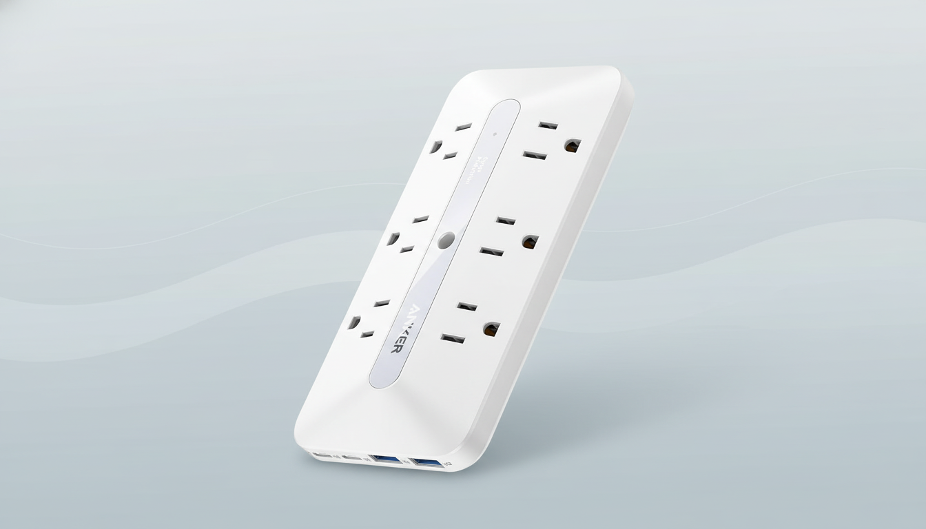 A white Anker power strip with multiple outlets and USB ports, presented on a professional flat design background with soft gray patterns.