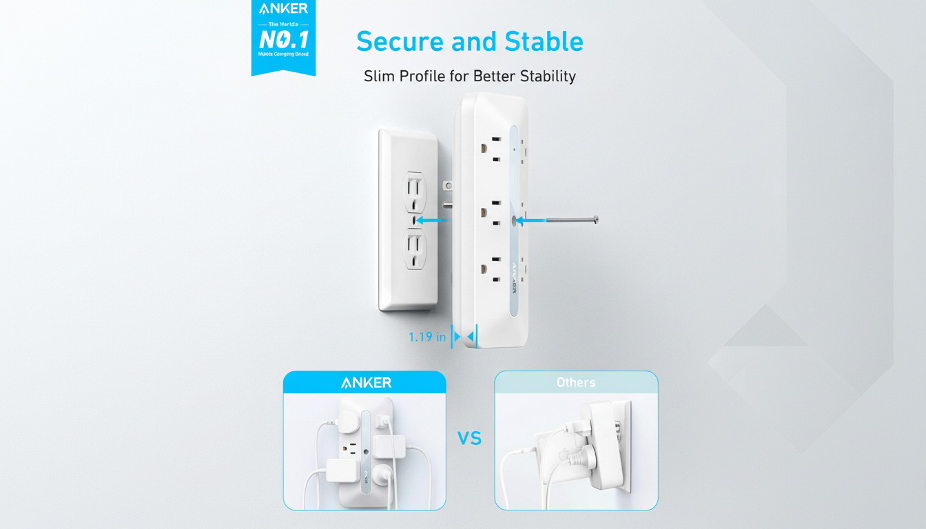 An Anker power strip is shown next to a wall outlet, highlighting its slim profile and secure mounting. Below, a comparison shows the Anker power strip with multiple devices plugged in versus a competitors bulkier design.