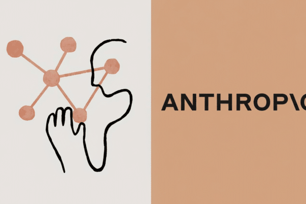 Anth ropic logo with abstract human face and hand interacting with a network of nodes.