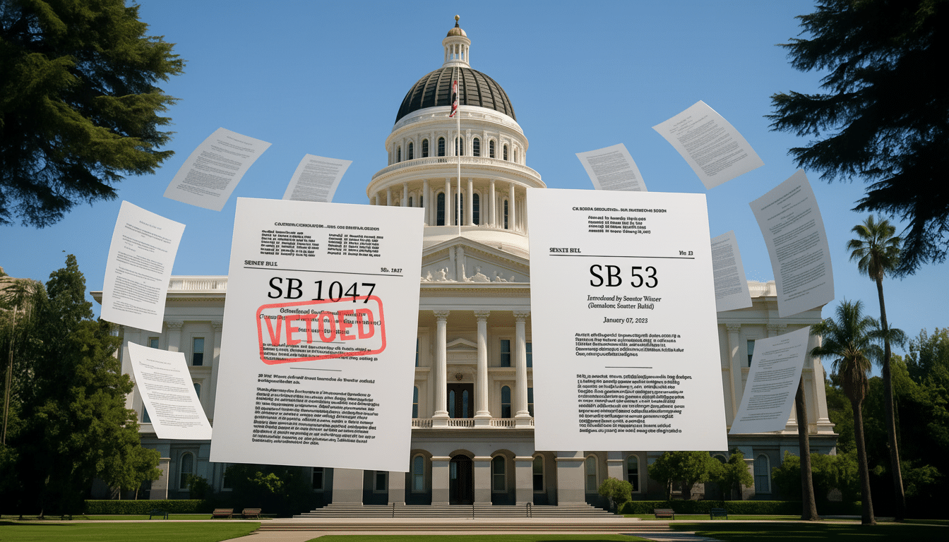 An image featuring the California State Capitol building with several legislative bills floating around it. Two prominent bills are highlighted: SB 10