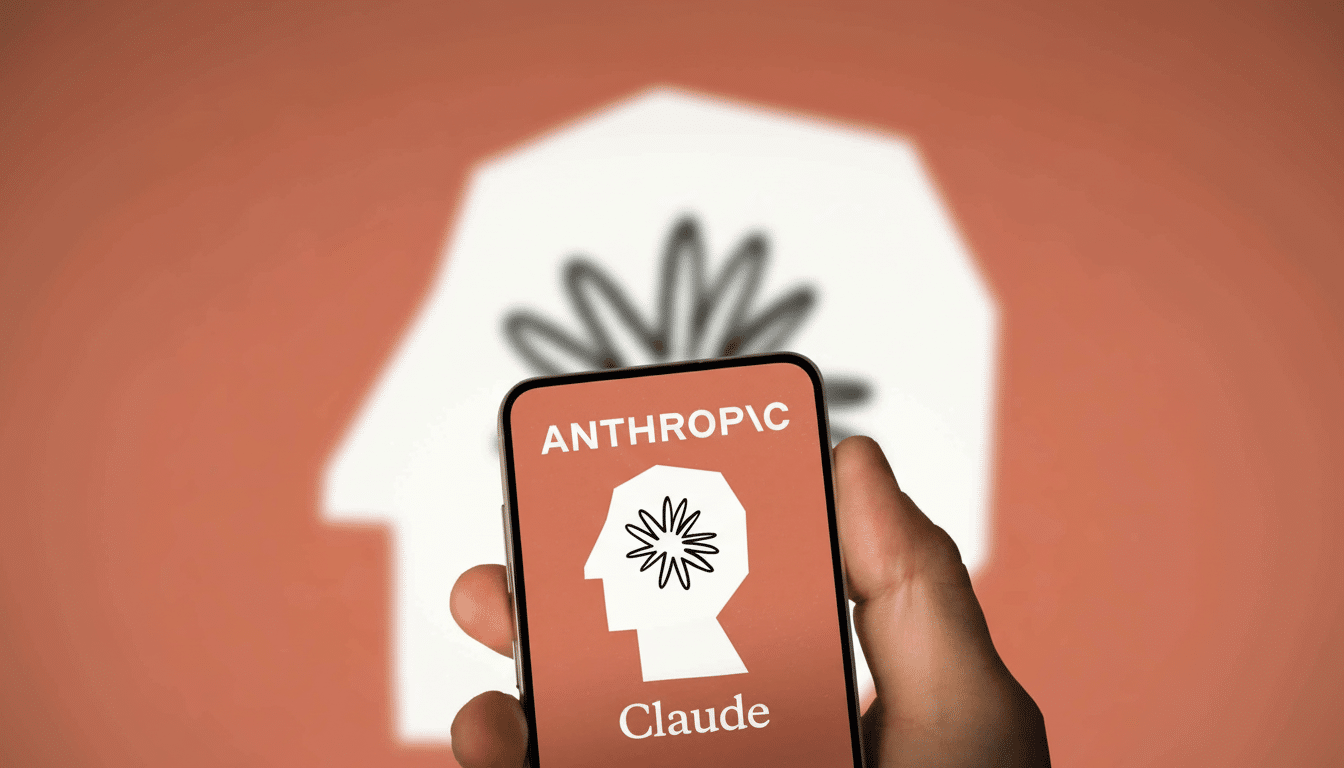 A hand holds a smartphone displaying the ANTHROPIC Claude logo against a blurred background with a white house - like shape and a black floral design.