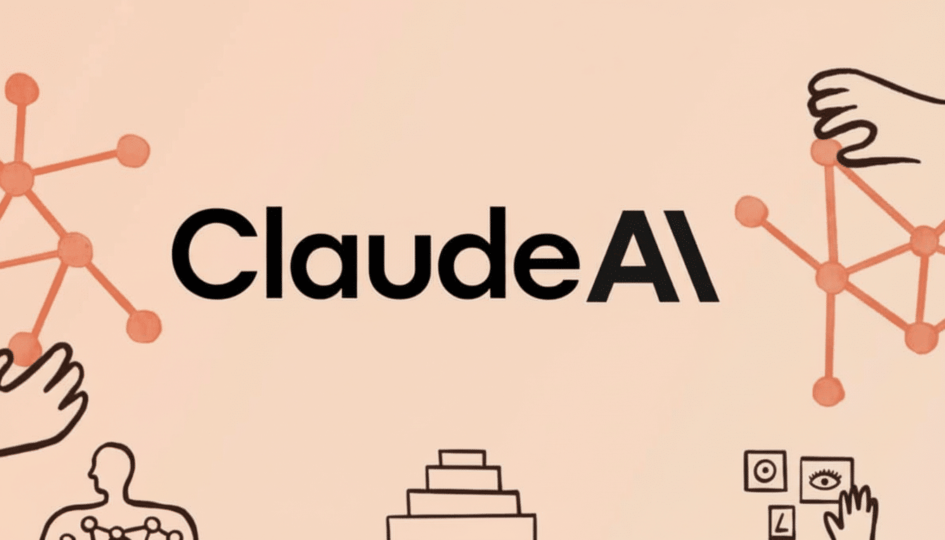 The Claude AI logo in black text on a light orange background with line art illustrations of connected nodes and human hands and figures.