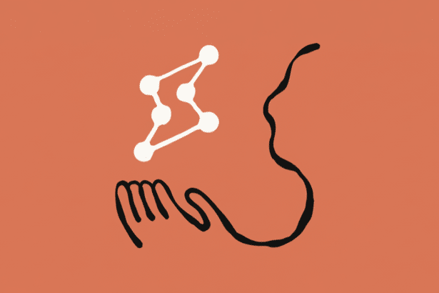 An abstract illustration with a hand- like shape holding up a connected series of white dots, all on a solid reddish -orange background.