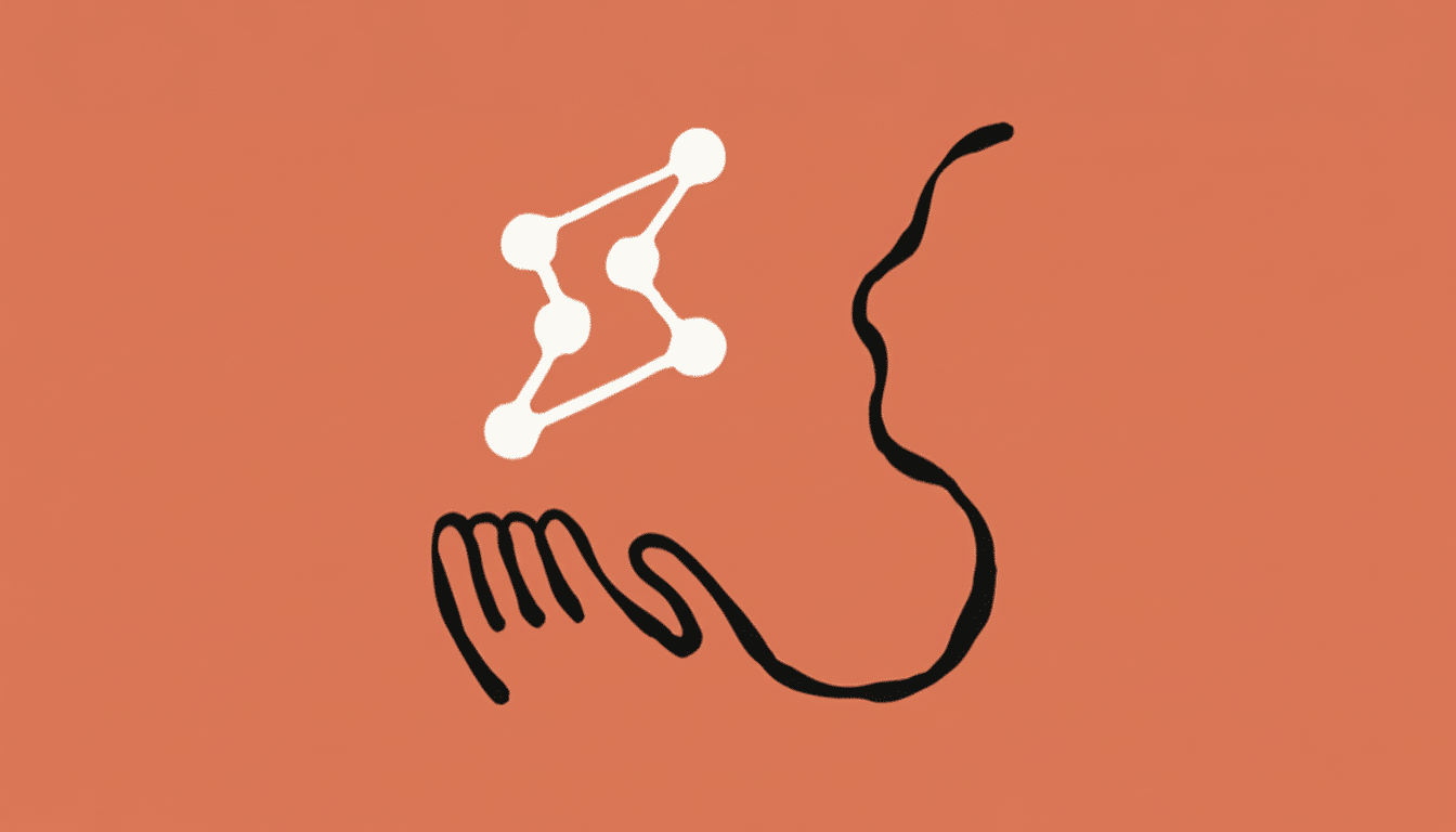 An abstract illustration with a hand- like shape holding up a connected series of white dots, all on a solid reddish -orange background.