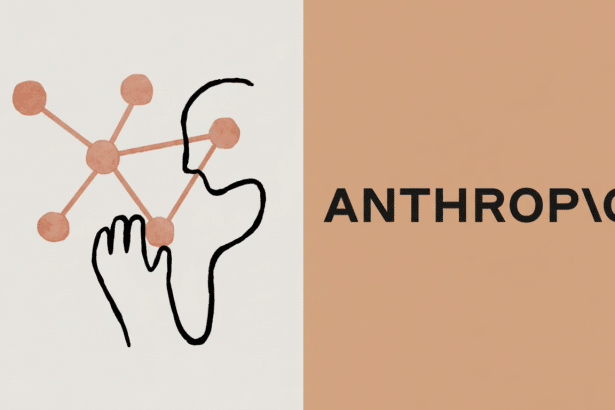 The Anthropic logo, featuring a minimalist line drawing of a face and hand interacting with a network of pink nodes on a cream background, next to the word ANTHROPIC in bold black letters on a peach background , resized to a 16: 9 aspect ratio.