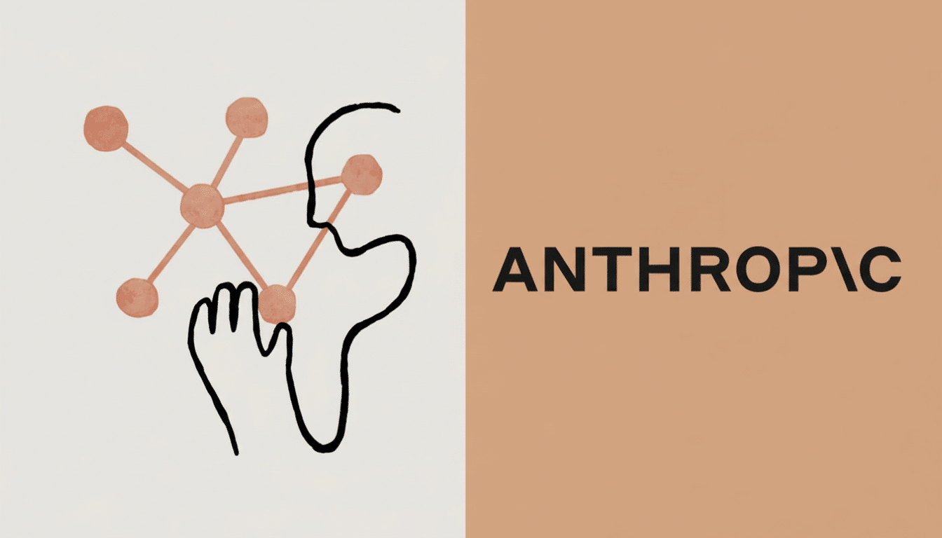 The Anthropic logo, featuring a minimalist line drawing of a face and hand interacting with a network of pink nodes on a cream background, next to the word ANTHROPIC in bold black letters on a peach background , resized to a 16: 9 aspect ratio.