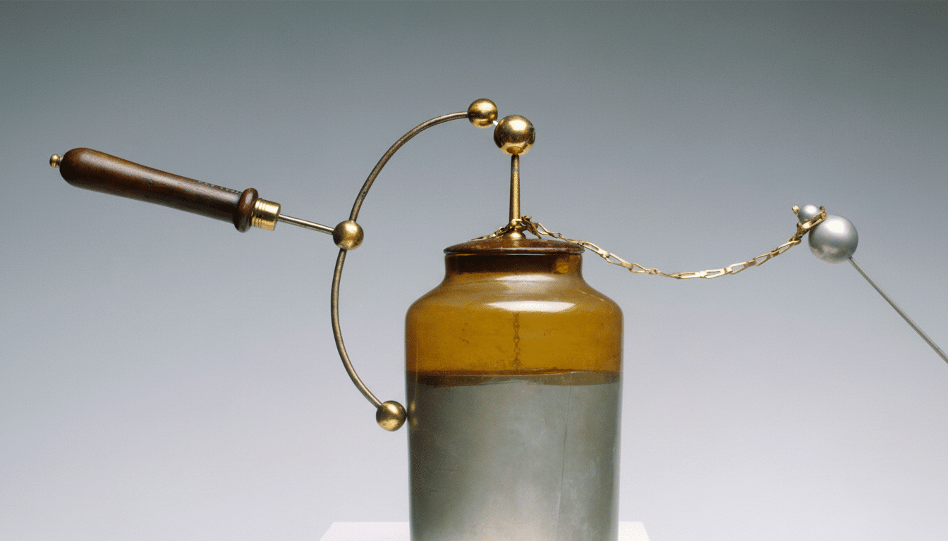An antique scientific instrument, possibly a Leyden jar, with a brown ceramic base, a glass top section, and brass fittings including a chain and sphe