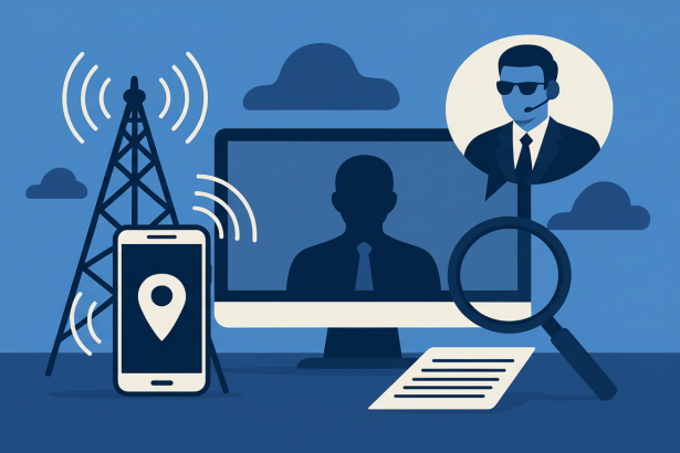 An illustration depicting a cell tower , a smartphone with a location pin, a monitor displaying a silhouette of a person, a magnifying glass over documents, and a profile image of a security agent , all on a blue background.