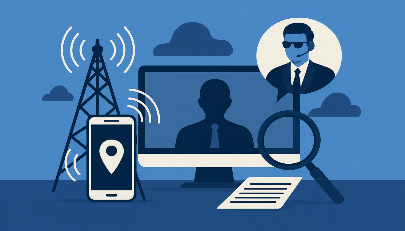 An illustration depicting a cell tower , a smartphone with a location pin, a monitor displaying a silhouette of a person, a magnifying glass over documents, and a profile image of a security agent , all on a blue background.