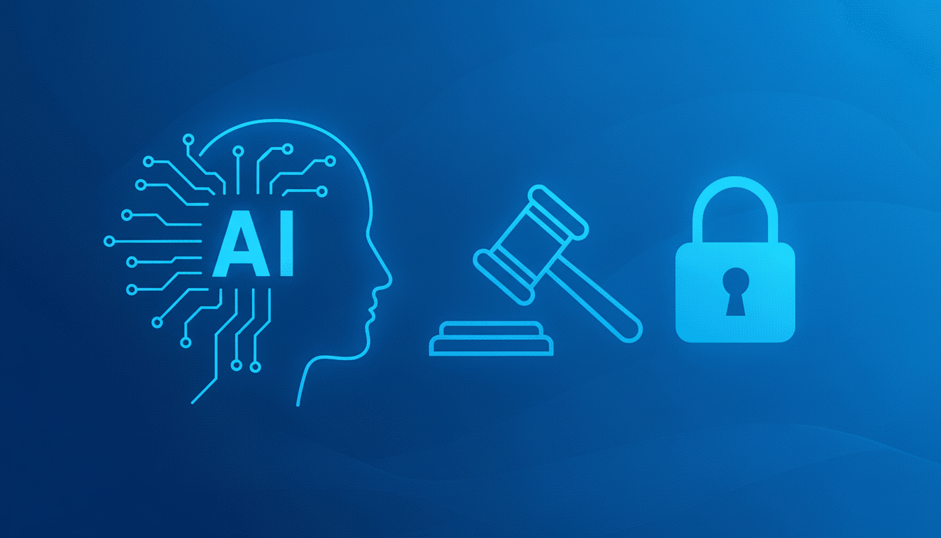 An image on a blue background depicting a human head outline with a circuit board and AI text , a judge 's gavel, and a padlock, symbolizing AI, law , and security.