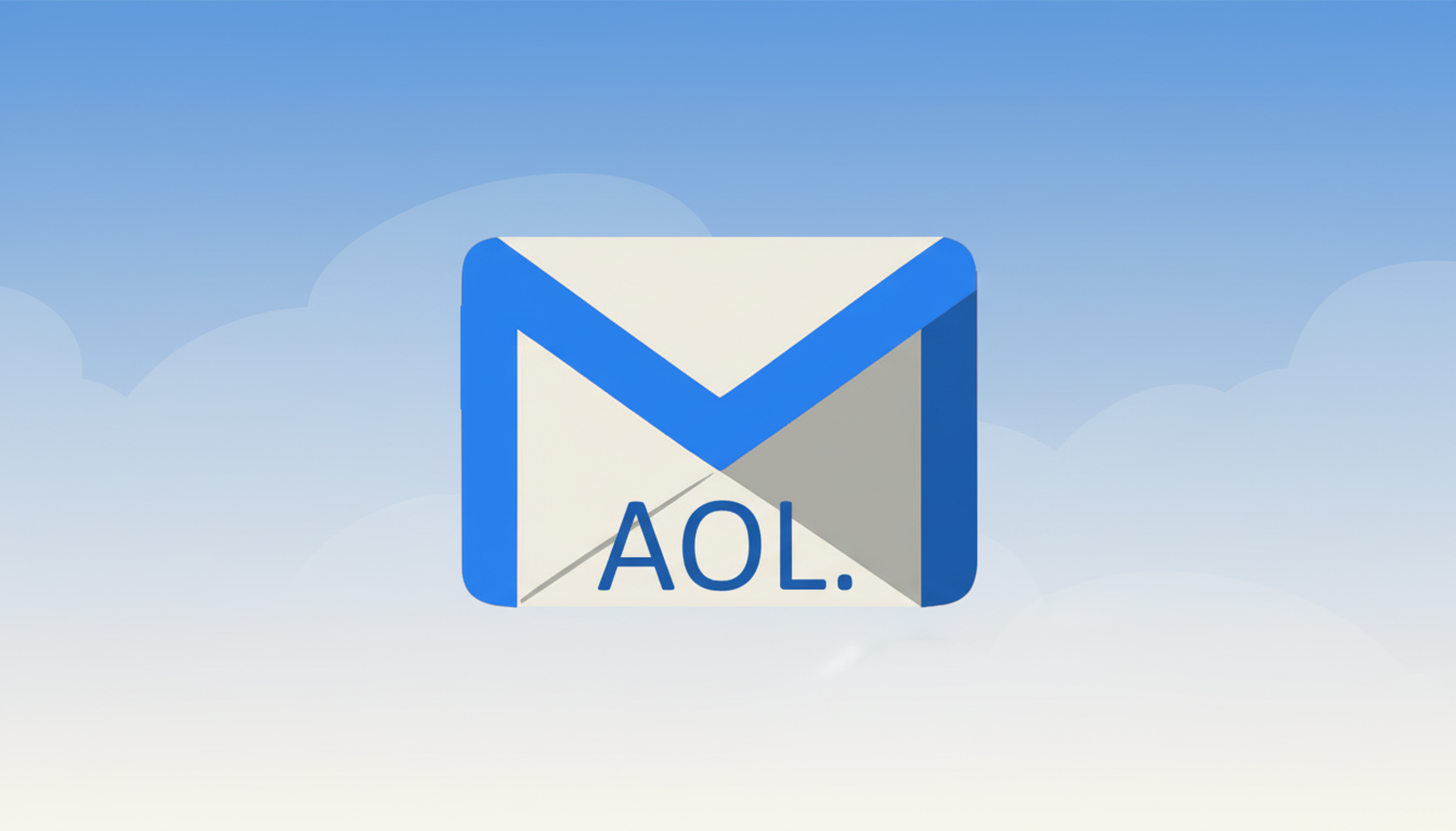 A 16:9 aspect ratio image of an email envelope icon with AOL. written on it, set against a professional flat design background with soft blue and white gradients and subtle cloud-like patterns.