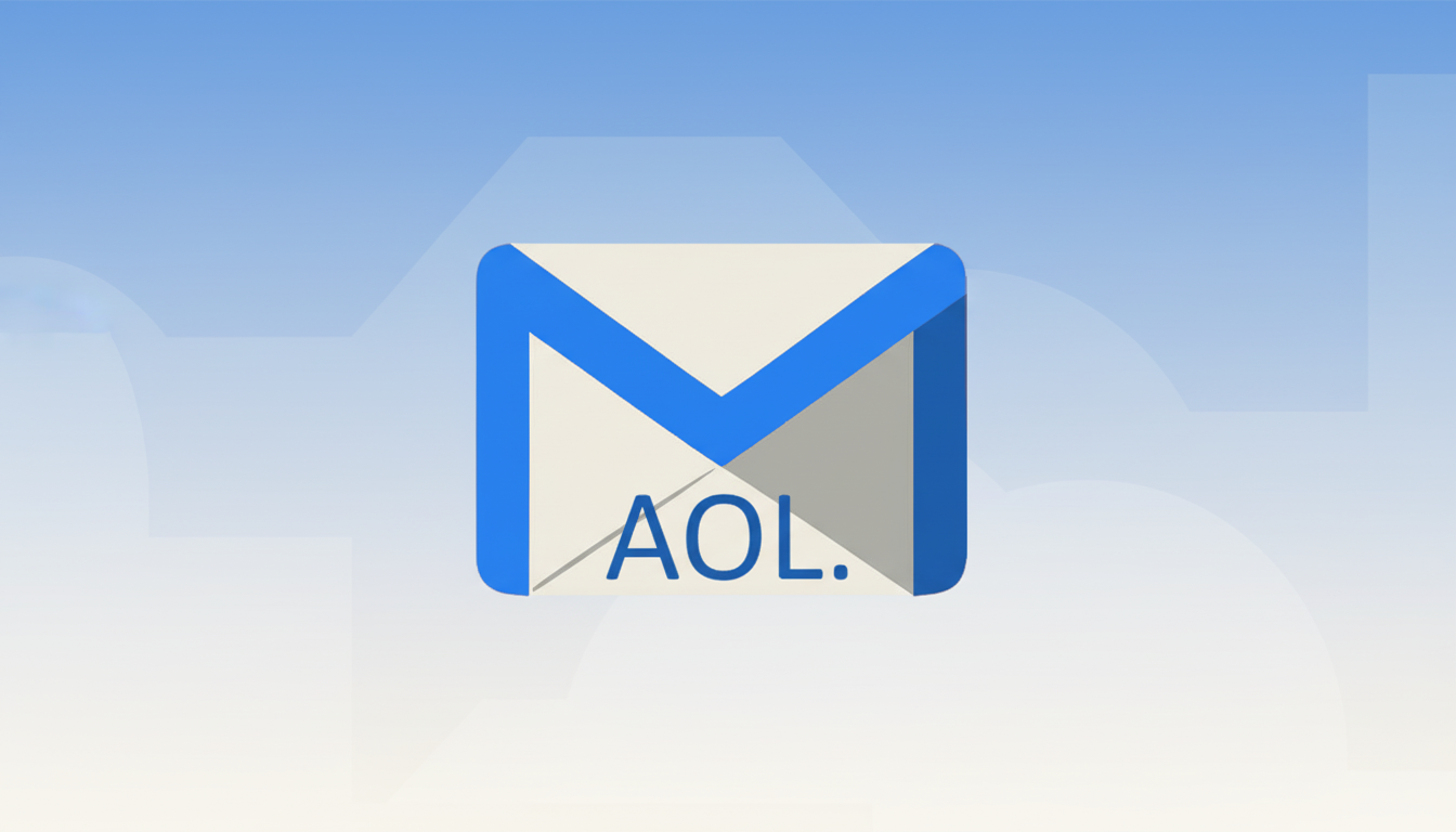 A 16:9 aspect ratio image of an AOL mail icon with a professional flat design background featuring soft blue and white gradients.